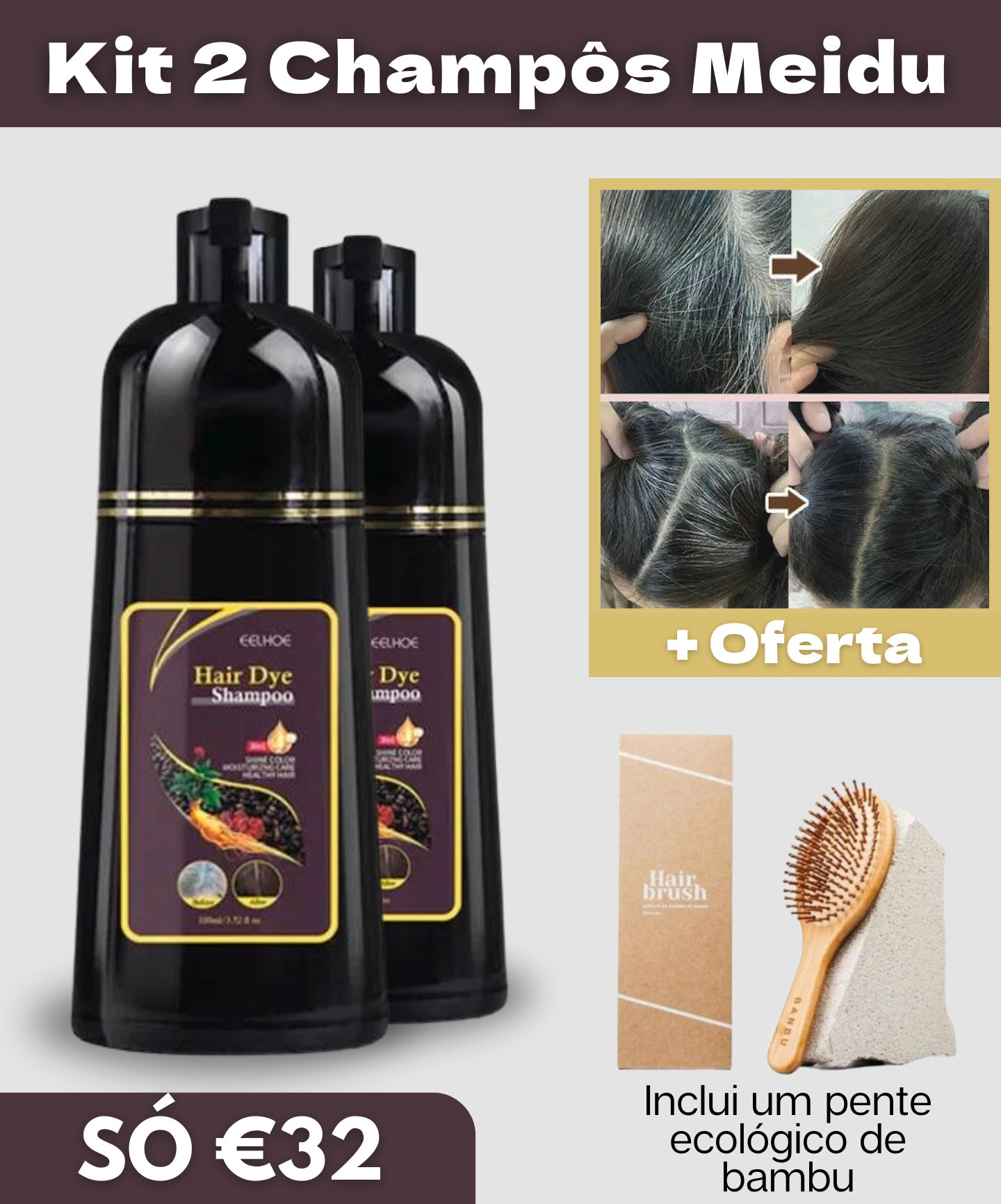 Champô 3 em 1 para Cabelos Brancos + Pente de Bambu Ecológico de Oferta