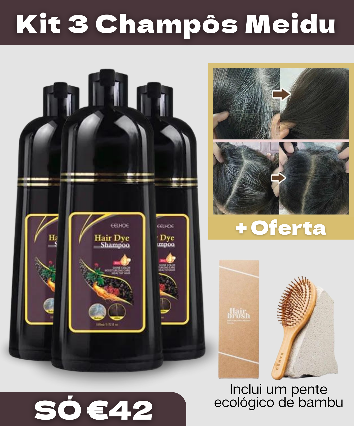 Champô 3 em 1 para Cabelos Brancos + Pente de Bambu Ecológico de Oferta